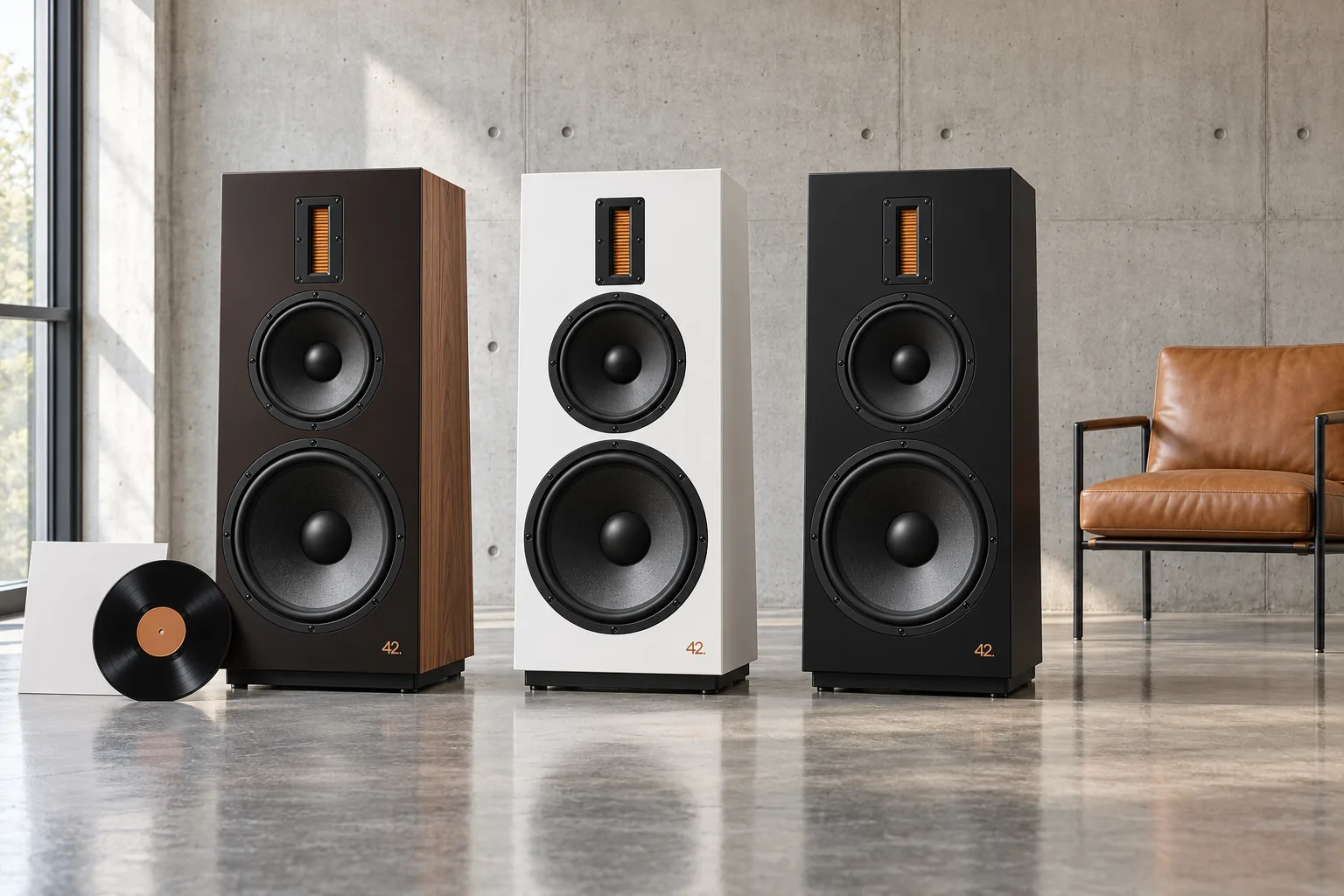 42.audio Magrathea 5 in Nussbaum, Weiß und Schwarz, mit LP und Sessel als Größenvergleich