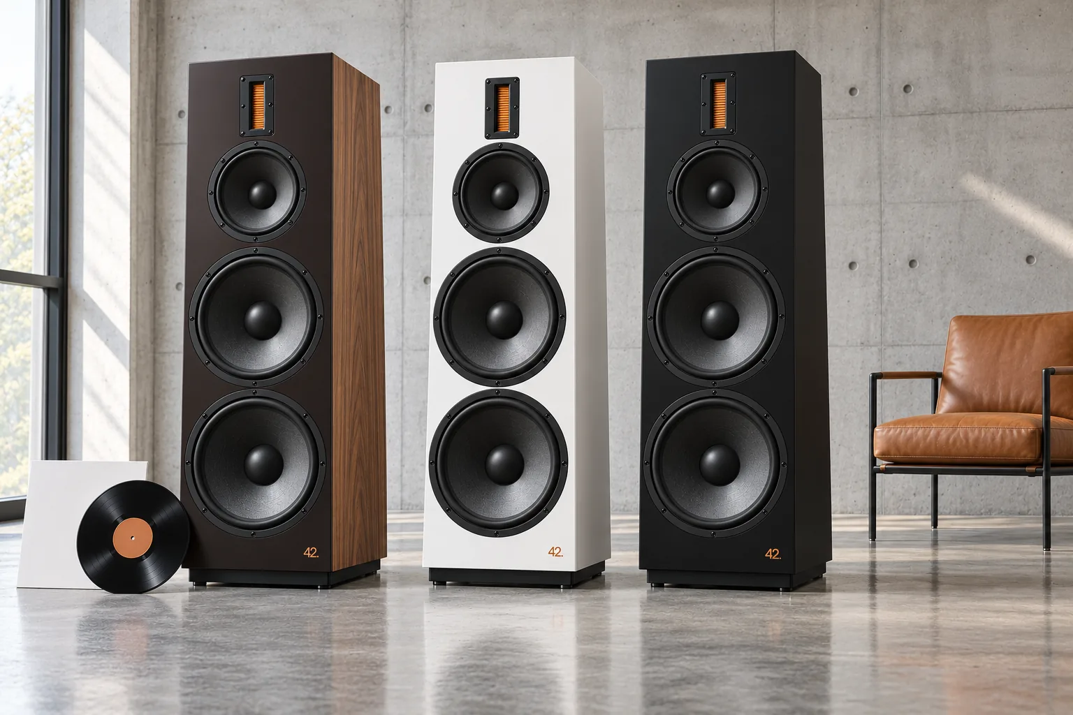 42.audio Magrathea 7 in Nussbaum, Weiß und Schwarz, mit LP und Sessel als Größenvergleich